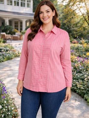 Denim&Co Pink Striped Button Down Shirt